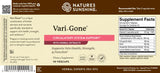 Nature's Sunshine Vari-Gone dietary supplement bottle label, featuring a beige background with a white logo, pink and red text, and a black supplement facts panel on the right.