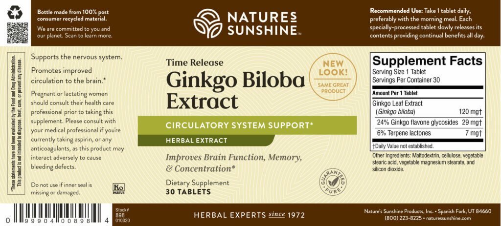 Nature's Sunshine Ginkgo Biloba Extract T/R (30 tabs) - Nature's Best Health Store