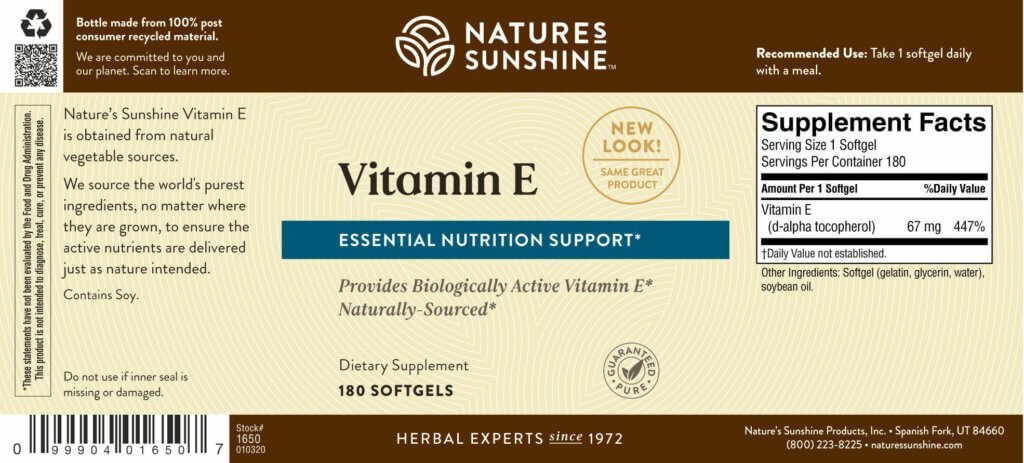 Nature's Sunshine Vitamin E (100 IU) (180 softgel caps) - Nature's Best Health Store